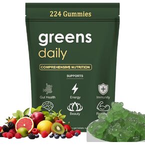 Daily Gummies, Sugar Free Greens Gummies Packets - Organic Chlorella and Spirulina, Digestive & Gut Health, Multi-Fruits Vegetables Vitamins & Minerals - 224 Gummy Bear