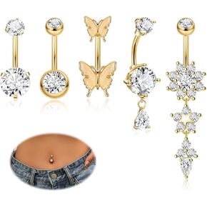 5PCS 14G Dangle Belly Button Rings for Women Surgical Steel Dangling Belly Rings Hypoallergenic CZ Flower Teardrop Butterfly Navel Rings Belly Piercing Jewelry 10/14mm