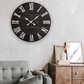 Glitzhome 28 Inch Roman Numeral Wall Clock Farmhouse Huge Black Wall Clock Rustic Wooden Large Black White Wall Clocks for Living Room Entryway Decor Battery Operated Silent Non Ticking Hanging Clock