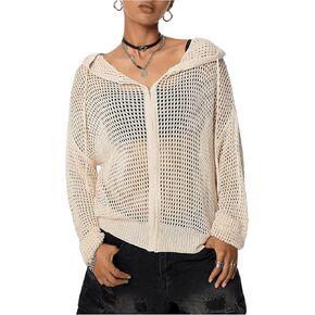 MakeMeChic Women's Hollow Out Long Sleeve Cardigan Hooded Zipper Crochet Tops Knitted Outerwear