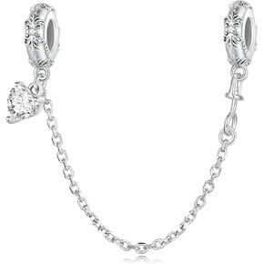 Clip Lock Spacer Stopper Charm Bead Love Heart Charm Bracelets for Women 925 Sterling Silver Safety Chain Charms for Pandora Bracelets (White Crystal Love)