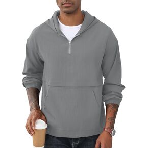 Men's Quarter Zip Sweatshirts Track Jackets Windbreaker Casual Pullover Lightweight Pockets Cycling Golf for Men With Hood Gray L
