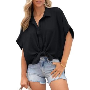 Dokotoo Womens Tops Summer V Neck Button Down Shirts Solid Short Sleeve Blouses Tops