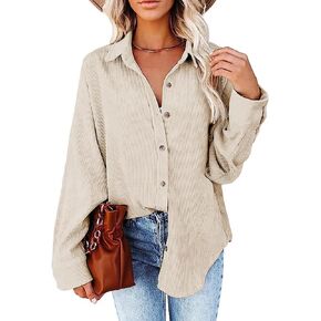 Womens Corduroy Shirts Long Sleeve Button Down Blouse Oversized Boyfriend Jackets Tops
