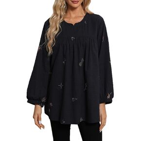 LauraKlein Embroidered Long Sleeve Blouse for Women V-Neck Creative Pattern Stylish Fall Tops Loose Peasant Tunic Shirts