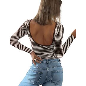 Cioatin Women Backless Open Back Long Sleeve Striped Crop Tops Y2K Fall Outfits Boat Neck T-Shirt Going Out Tee Blouse