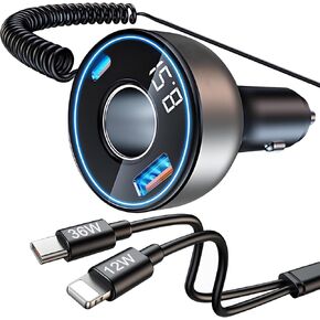 [4 in 1] USB C Car Charger Adapter, 142W [PD30W&QC3.0] 12V/24V Cigarette Lighter Adapter USB Socket Splitter, 2 Port Fast Charging Car USB Charger with LED Voltmeter for iPhone 16/ Samsung S24/iPad