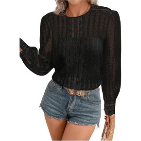 MakeMeChic Women's Lace Crew Neck Tops Sheer Mesh Lantern Long Sleeve Shirt Blouse