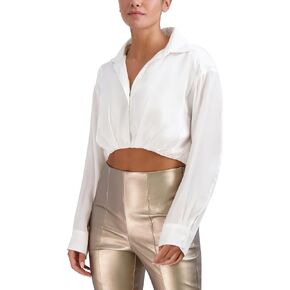 BCBGeneration Women's Long Sleeve Collar Neck Cropped Button Up Top