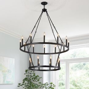 Modern Black Wagon Wheel Chandelier 2 Tier 36-Lights 48-Inch Extra Large Farmhouse Industrial Chandelier Rustic Pendant Light Fixture for Living Room Dining Room Kitchen Island Foyer Entryway