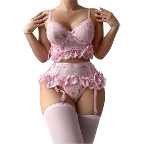 OYOANGLE Women's 5 Piece Floral Print Ruffle Trim Underwired Babydoll Teddy Lingerie Set with Garter Belt
