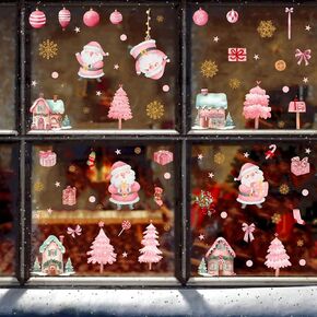 6Sheets Pink Christmas Window Clings Cute Santa Claus Window Stickers Double-Sided Xmas Gift Tree Bell Snowflakes Window Decor Christmas Window Decals for Office Party Home Winter Decoration Supplies