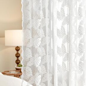 EMEMA White Sheer Lace Curtains 84 Inches Long, Leaf Pattern Curtains for Bedroom Living Room, Rod Pocket Voile Light Filtering Window Drapes, 2 Panels