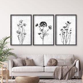 Flower Plant Wall Art Decor 16"x11" Set of 3 Black And White Botanical Painting Wood Framed For Minimalist Bedroom Office Rustic Living Room Abstract Wildflower Sign Hanging (Black)