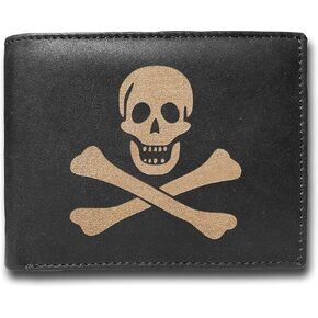Skull and Bones Pirates Flag logo RFID Blocking Cowhide Leather Laser Engraved Slimfold Men Large Capacity Luxury Wallet Slim Black Credit Card Holder Organizer 14 Pocket
