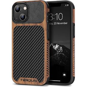 TENDLIN Magnetic Case Compatible with iPhone 14 Pro Case Wood Grain with Carbon Fiber Texture Design Leather Hybrid Slim Case (Compatible with MagSafe) Black