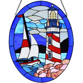 Bieye W10099 Lighthouse Sailboat Tiffany Style Stained Glass Window Panel for Home Decor