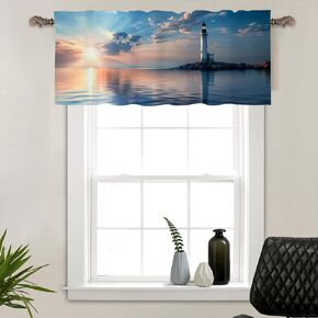 1 Panel Nautical Ocean Kitchen Valance Curtains for Windows, White Lighthouse Coastal Window Treatment Rod Pocket Drapes Valances for Bathroom, 54" X 18"