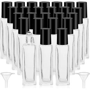25 Pcs 10 ml Roller Bottles for Essential Oils, Square Thick Empty Glass Roller Bottles with Stainless Steel Roller Balls Protection Leakproof with 2 Funnel for Travel, Gold