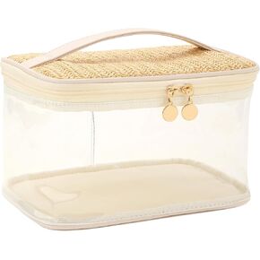 Boho Straw Makeup Bag Sunscreen Bag Beach Pouch,Clear Travel Cosmetic Bag Aesthetic Waterproof Portable Toiletry Bag for Women Girl,Transparent Zipper Purse for Snacks,Halloween Candy(beige)
