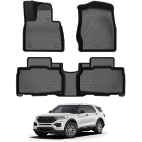 KUST Floor Mats for Ford Explorer 2020-2024 (Fits 6 and 7 Passenger Models), All Weather Floor Liners, TPE Car Mats Front Rear 2 Row Liner Black Non-Slip