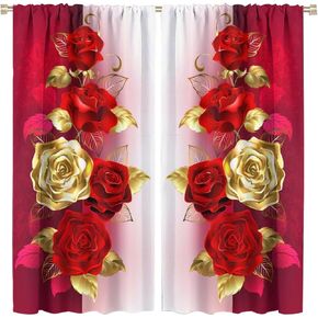 Baroque Luxury Rose Curtains, Exotic Red and Golden Blooming Floral On Vintage Background, Blackout Thermal Insulation Rod Pocket Window Treatments for Living Room Bedroom Kitchen Bathroom 42x63in