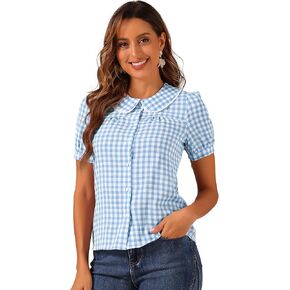 Allegra K Women's Halloween Costumes Summer Gingham Blouse Plaid Top Short Sleeve Button Down Peter Pan Collar Shirt