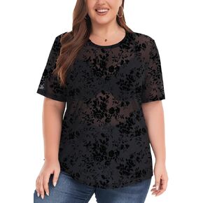 Women's Plus Size Glitter Sheer Mesh Short Sleeve Tee Shirt Top