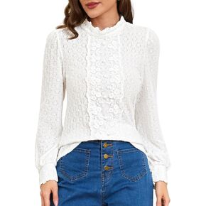 بلوزة نسائية من Belle Poque على الطراز الفيكتوري بأكمام منتفخة ورقبة وهمية قميص دانتيل غير رسمي قابل للتمدد مع أزرار زخرفية in Kuwait