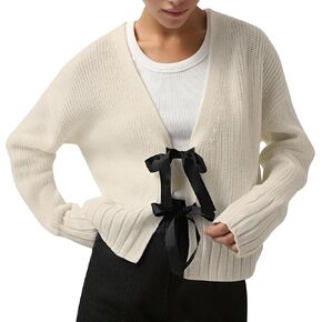 Women V Neck Open Front Bow Tie Lace Up Cardigan Jacket Oversized Knit Cropped Sweater Pullover Tops Y2k Girls