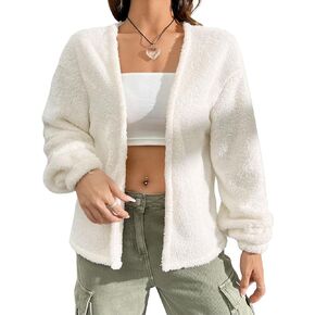 Verdusa Women's Open Front Cardigan Fuzzy Fleece Long Sleeve Loose Sweaters Outerwear