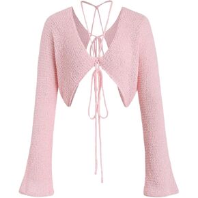SHENHE Women's Bolero Cardigan Tie Front V Neck Lightweight Knit Crop Top Shrug Sweater