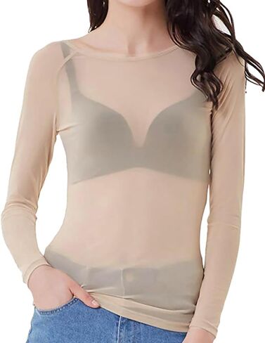 Mesh Tops for Women Long Sleeve Mock Neck Fitted Sexy Top Bodycon Clubwear Sheer Pure Mesh Tops T Shirts in Kuwait