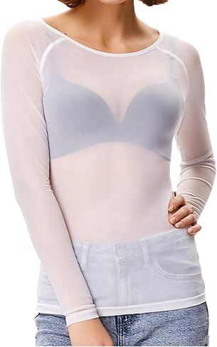 Mesh Tops for Women Long Sleeve Mock Neck Fitted Sexy Top Bodycon Clubwear Sheer Pure Mesh Tops T Shirts in Kuwait
