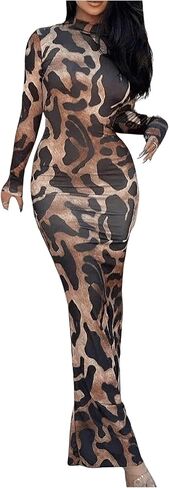 GORGLITTER Women's Leopard Cheetah Bodycon Maxi Dress Cut Out Backless Mock Neck Long Sleeve Dresses in Saudi Arabia