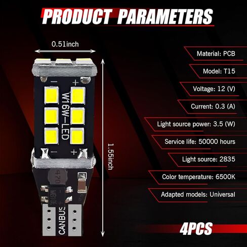 Pack-4 Car T15 LED Reversing Light, W16W 912 921 906 Stable IC Drive Decoded Canbus Error-free Bulb Replacement, 2835-15SMD Bright Waterproof Indicator Lights, Universal for Cars (White) in Saudi Arabia