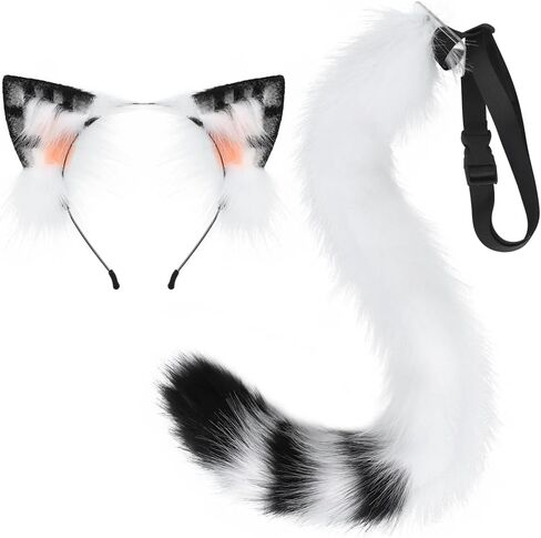 JUNBOON Cat Wolf Fox Tail Faux Fur Ear Headband Set Adult Halloween Xmas Fancy Party Cosplay Costume Gifts in Kuwait