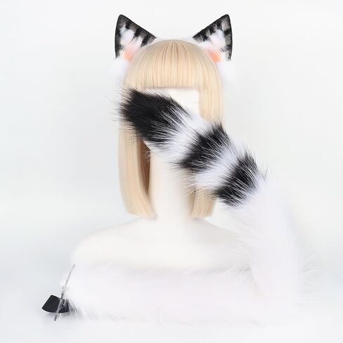 JUNBOON Cat Wolf Fox Tail Faux Fur Ear Headband Set Adult Halloween Xmas Fancy Party Cosplay Costume Gifts in Kuwait