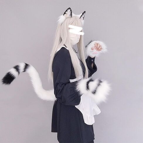 JUNBOON Cat Wolf Fox Tail Faux Fur Ear Headband Set Adult Halloween Xmas Fancy Party Cosplay Costume Gifts in Kuwait