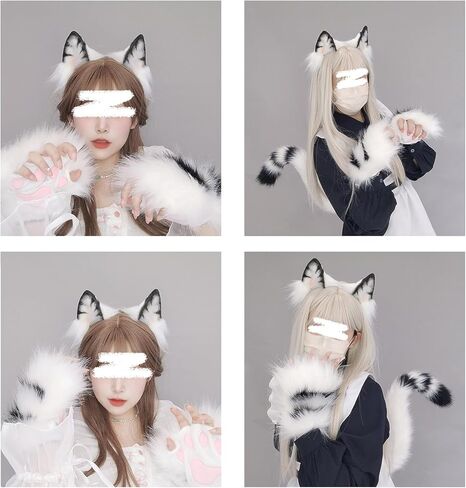 JUNBOON Cat Wolf Fox Tail Faux Fur Ear Headband Set Adult Halloween Xmas Fancy Party Cosplay Costume Gifts in Kuwait