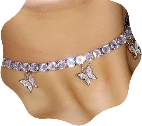 YERTTER Dainty Full Rhinestone Tennis Chain Butterfly Collar Luxury Crystal Rhinestone Statement Clavicle Choker Necklace for Wedding Party Music Bar Women Girls in Kuwait