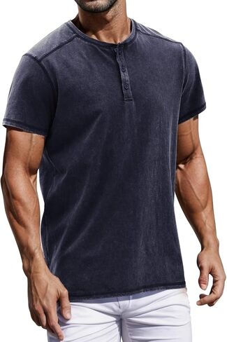 Mens Distressed Henley Shirts Casual Washed T-Shirts Retro Short Sleeve Tee Cotton Shirts in Saudi Arabia