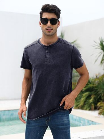 Mens Distressed Henley Shirts Casual Washed T-Shirts Retro Short Sleeve Tee Cotton Shirts in Saudi Arabia