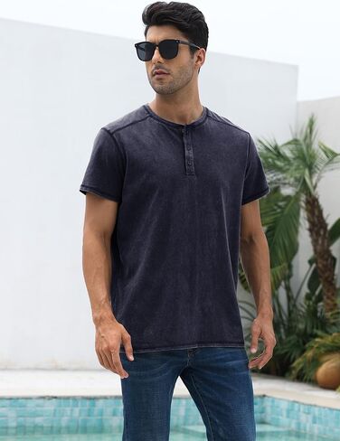 Mens Distressed Henley Shirts Casual Washed T-Shirts Retro Short Sleeve Tee Cotton Shirts in Saudi Arabia