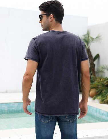 Mens Distressed Henley Shirts Casual Washed T-Shirts Retro Short Sleeve Tee Cotton Shirts in Saudi Arabia