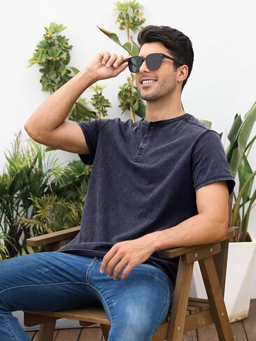 Mens Distressed Henley Shirts Casual Washed T-Shirts Retro Short Sleeve Tee Cotton Shirts in Saudi Arabia