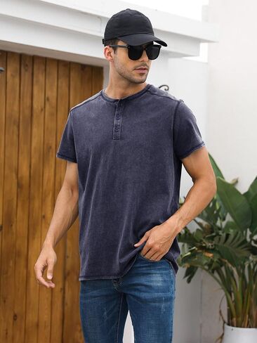 Mens Distressed Henley Shirts Casual Washed T-Shirts Retro Short Sleeve Tee Cotton Shirts in Saudi Arabia