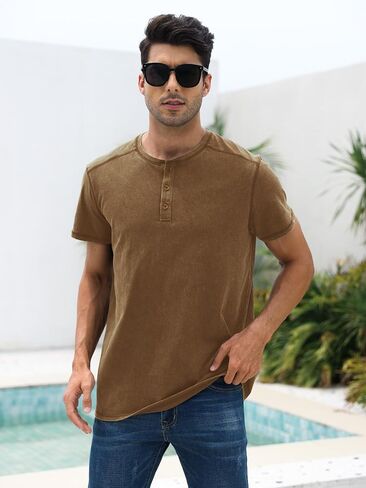 Mens Distressed Henley Shirts Casual Washed T-Shirts Retro Short Sleeve Tee Cotton Shirts in Saudi Arabia
