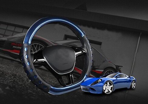 D Cut Steering Wheel Cover - D Shaped Flat Bottom Microfiber Leather Anti-Skid Breathable Fit 14.5"-15" (Blue) in Kuwait