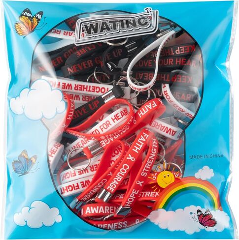 WATINC Suicide Awareness Silicone Keychains Set - 48Pcs Suicide Prevention Awareness Teal & Purple Ribbons Stretch Keyrings, Motivational Rubber Keychain with Inspirational Messages for Men Women Kids in Saudi Arabia